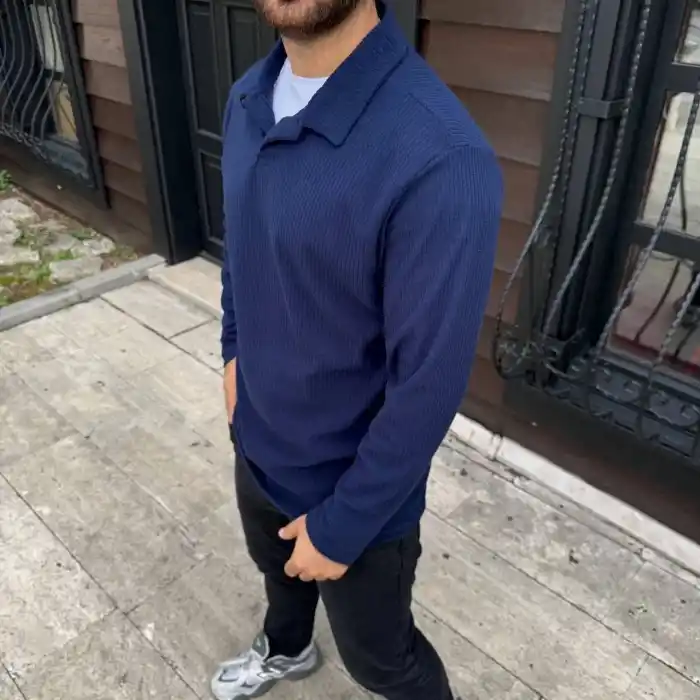 Erkek Fitilli Polar Sweatshirt – Düğmesiz Polo Yaka, Oversize Rahat Kalıp, Kalın Polar Kumaş, Kışlık ve Baharlık Şık Günlük Üst - Lacivert