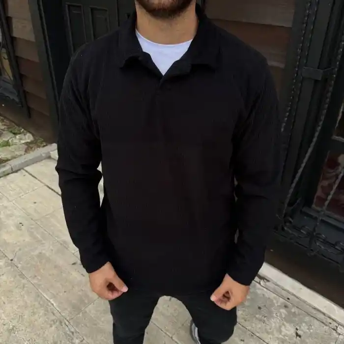 Erkek Fitilli Polar Sweatshirt – Düğmesiz Polo Yaka, Oversize Rahat Kalıp, Kalın Polar Kumaş, Kışlık ve Baharlık Şık Günlük Üst - Siyah