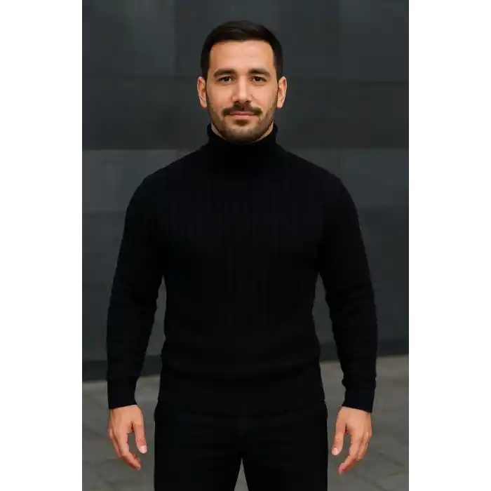 Erkek Fitilli Triko Kazak 2li Set Bebek Mavisi Siyah Regular Balıkcı Yaka Tam Boğazlı Triko Seti Modeli Kazak