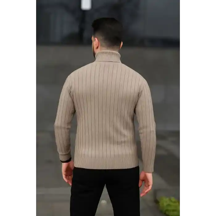 Erkek Fitilli Triko Kazak 2li Set Bej Siyah Regular Balıkcı Yaka Tam Boğazlı Triko Seti Modeli Kazak