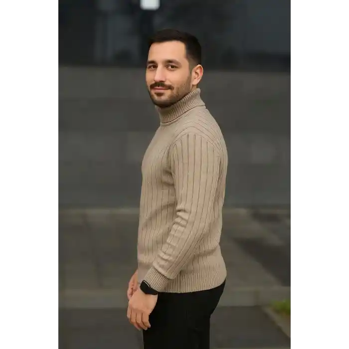 Erkek Fitilli Triko Kazak 2li Set Bej Siyah Regular Balıkcı Yaka Tam Boğazlı Triko Seti Modeli Kazak