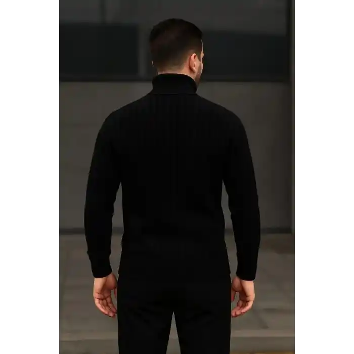 Erkek Fitilli Triko Kazak 2li Set Bej Siyah Regular Balıkcı Yaka Tam Boğazlı Triko Seti Modeli Kazak