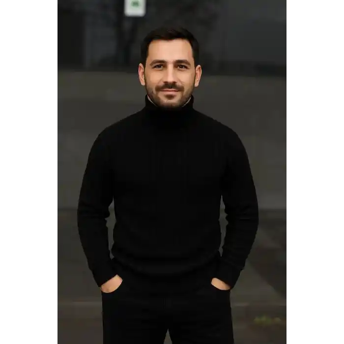 Erkek Fitilli Triko Kazak 2li Set Bordo Siyah Regular Balıkcı Yaka Tam Boğazlı Triko Seti Modeli Kazak