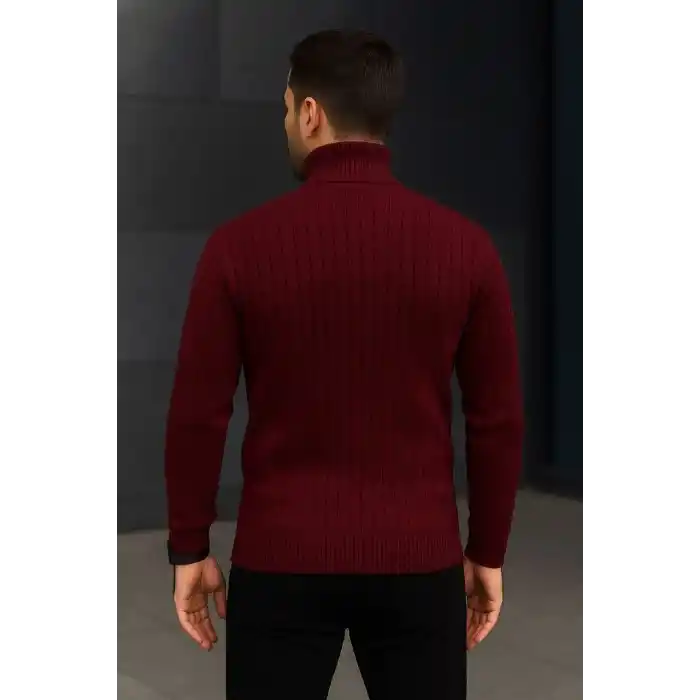 Erkek Fitilli Triko Kazak 2li Set Bordo Siyah Regular Balıkcı Yaka Tam Boğazlı Triko Seti Modeli Kazak