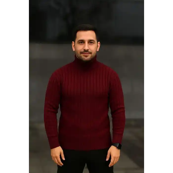 Erkek Fitilli Triko Kazak 2li Set Bordo Siyah Regular Balıkcı Yaka Tam Boğazlı Triko Seti Modeli Kazak