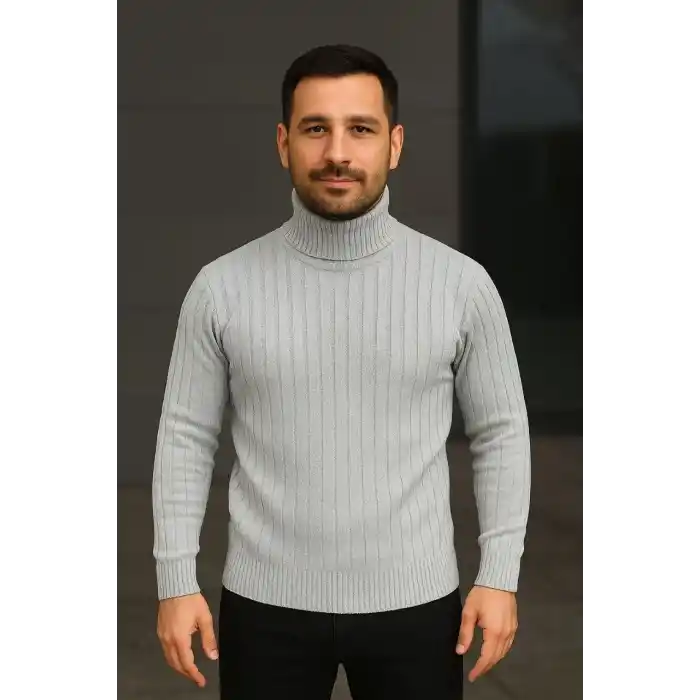 Erkek Fitilli Triko Kazak 2li Set Gri Siyah Regular Balıkcı Yaka Tam Boğazlı Triko Seti Modeli Kazak