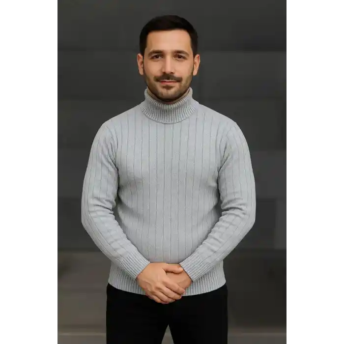 Erkek Fitilli Triko Kazak 2li Set Gri Siyah Regular Balıkcı Yaka Tam Boğazlı Triko Seti Modeli Kazak