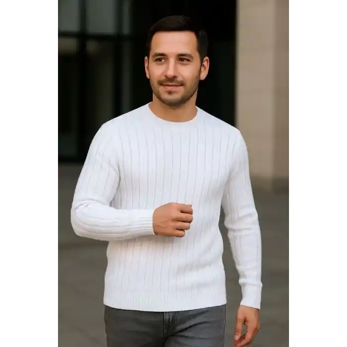 Erkek Fitilli Triko Kazak 2’li Set – Siyah & Beyaz, Kalın Dokuma Pamuklu Regular Fit Bisiklet Yaka Uzun Kollu Rahat Kışlık Kazak Kombini