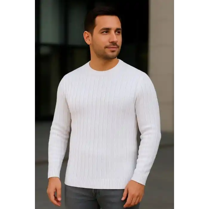 Erkek Fitilli Triko Kazak 2’li Set – Siyah & Beyaz, Kalın Dokuma Pamuklu Regular Fit Bisiklet Yaka Uzun Kollu Rahat Kışlık Kazak Kombini