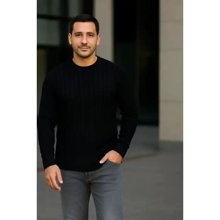 Erkek Fitilli Triko Kazak 2’li Set – Siyah & Beyaz, Kalın Dokuma Pamuklu Regular Fit Bisiklet Yaka Uzun Kollu Rahat Kışlık Kazak Kombini