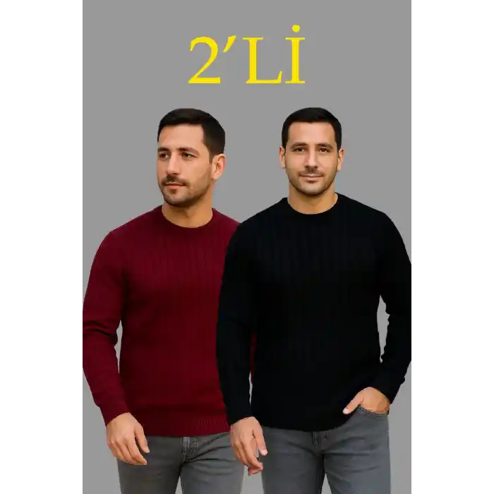 Erkek Fitilli Triko Kazak 2’li Set – Siyah & Bordo, Kalın Dokuma Pamuklu Regular Fit Bisiklet Yaka Uzun Kollu Rahat Kışlık Kazak Kombini