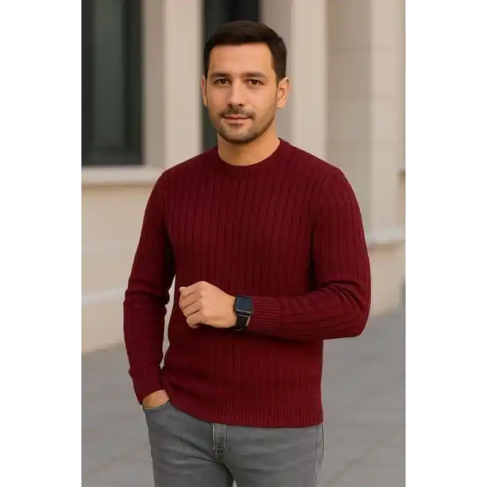 Erkek Fitilli Triko Kazak 2’li Set – Siyah & Bordo, Kalın Dokuma Pamuklu Regular Fit Bisiklet Yaka Uzun Kollu Rahat Kışlık Kazak Kombini