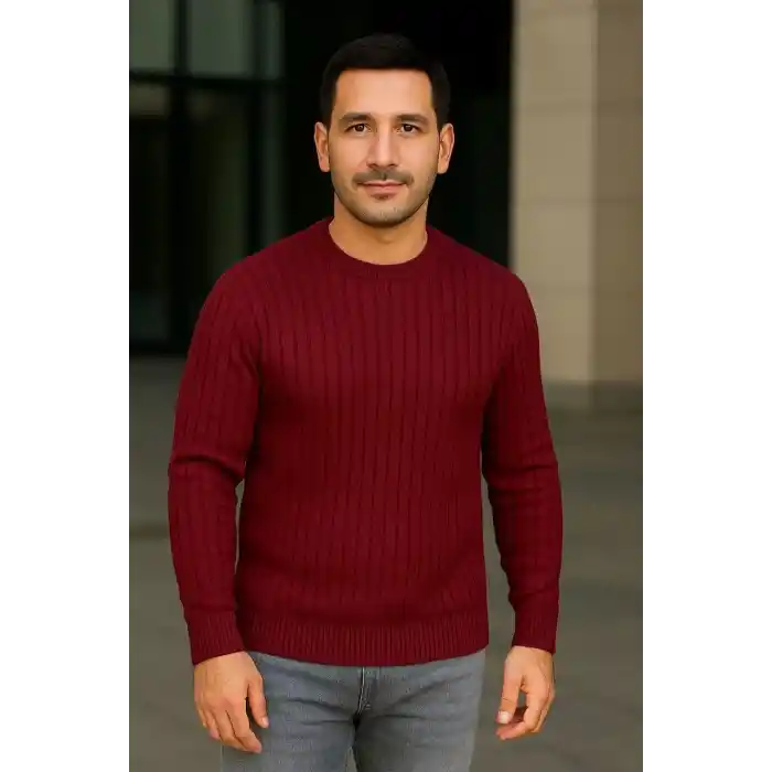 Erkek Fitilli Triko Kazak 2’li Set – Siyah & Bordo, Kalın Dokuma Pamuklu Regular Fit Bisiklet Yaka Uzun Kollu Rahat Kışlık Kazak Kombini