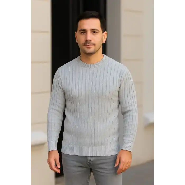 Erkek Fitilli Triko Kazak 2’li Set – Siyah & Gri, Kalın Dokuma Pamuklu Regular Fit Bisiklet Yaka Uzun Kollu Rahat Kışlık Kazak Kombini