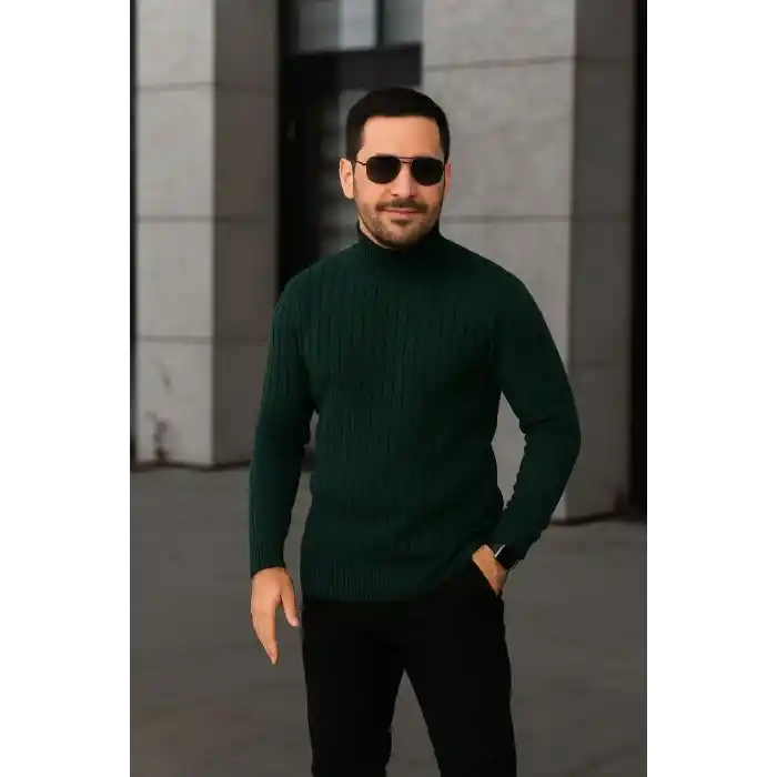 Erkek Fitilli Triko Kazak 3lÜ Set Bej Haki Siyah Regular Balıkcı Yaka Tam Boğazlı Triko Seti Modeli Kazak