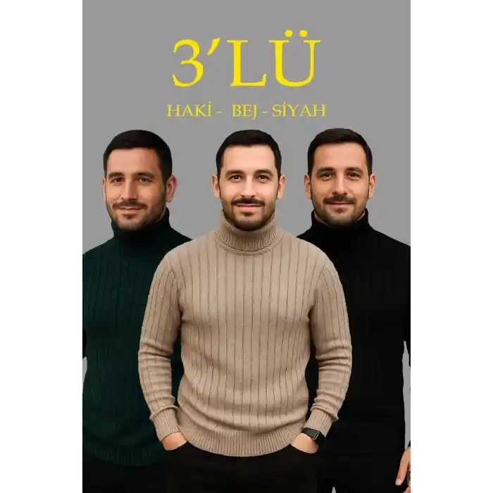 Erkek Fitilli Triko Kazak 3lÜ Set Bej Haki Siyah Regular Balıkcı Yaka Tam Boğazlı Triko Seti Modeli Kazak