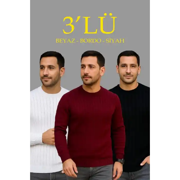 Erkek Fitilli Triko Kazak 3lü Set Beyaz Bordo Siyah Regular Fit Bisiklet Yaka Triko Seti