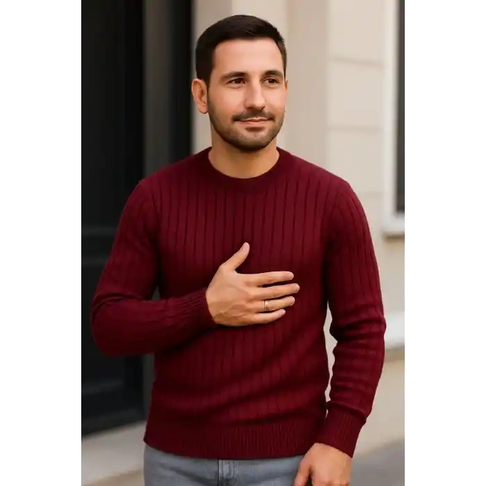 Erkek Fitilli Triko Kazak 3lü Set Beyaz Bordo Siyah Regular Fit Bisiklet Yaka Triko Seti