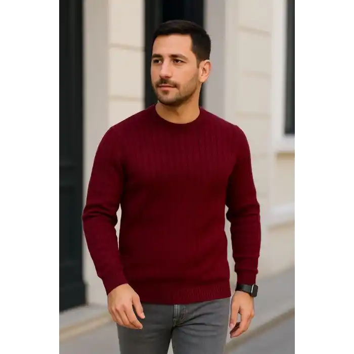 Erkek Fitilli Triko Kazak 3lü Set Beyaz Bordo Siyah Regular Fit Bisiklet Yaka Triko Seti