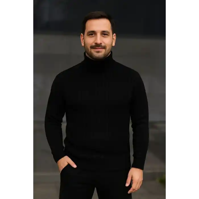 Erkek Fitilli Triko Kazak 3lÜ Set Gri Haki Siyah Regular Balıkcı Yaka Tam Boğazlı Triko Seti Modeli Kazak