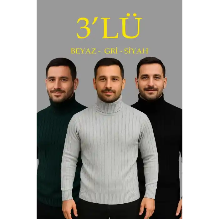 Erkek Fitilli Triko Kazak 3lÜ Set Gri Haki Siyah Regular Balıkcı Yaka Tam Boğazlı Triko Seti Modeli Kazak