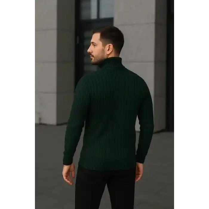 Erkek Fitilli Triko Kazak 3lÜ Set Gri Haki Siyah Regular Balıkcı Yaka Tam Boğazlı Triko Seti Modeli Kazak