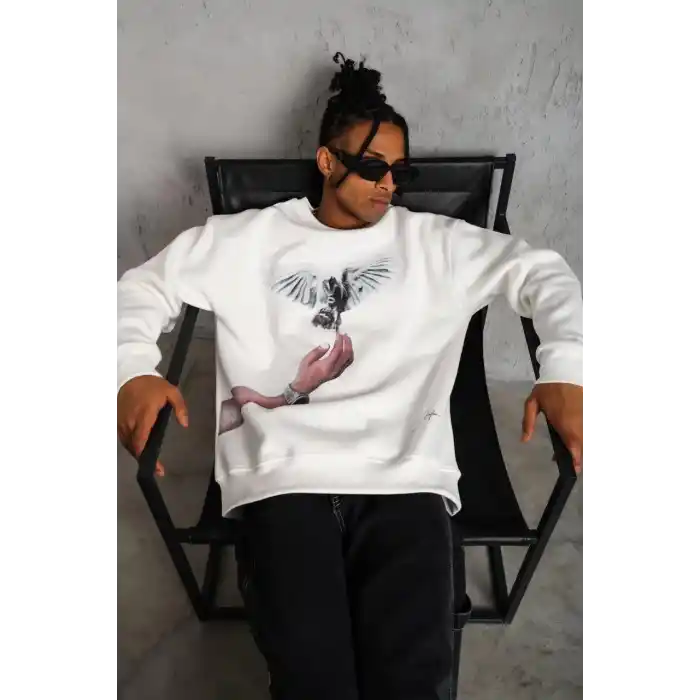 Erkek Güvercin Baskılı Sweatshirt - Beyaz