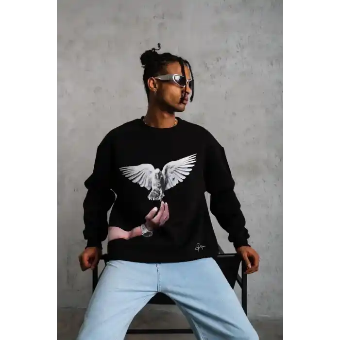 Erkek Güvercin Baskılı Sweatshirt - Siyah