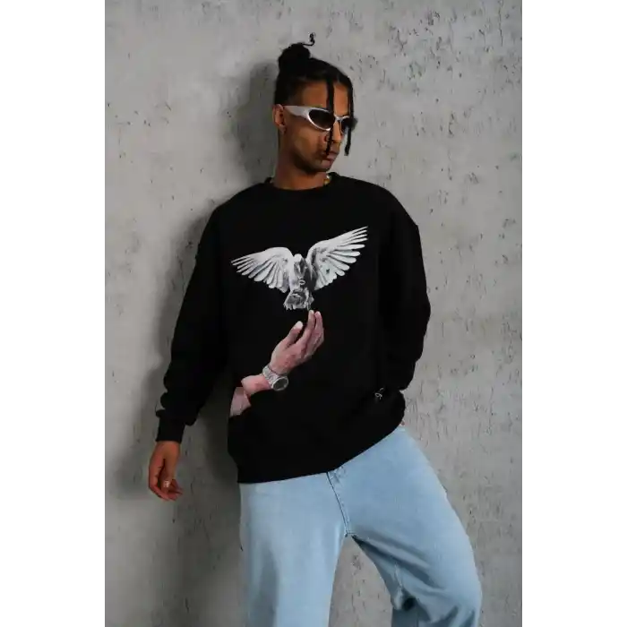 Erkek Güvercin Baskılı Sweatshirt - Siyah