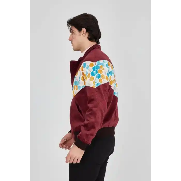 Erkek İçi Astarlı İçten Yaka Kısmı Peluşlu Beyaz Şeritli Vintage Ceket - Mürdüm