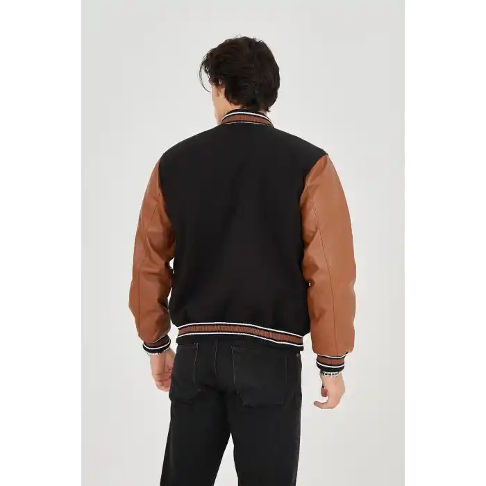 Erkek İçten Elyaf ve Astarlı Kolları Suni Deri Ceket - Kahverengi