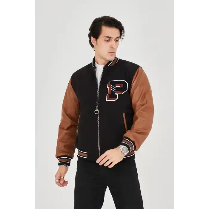 Erkek İçten Elyaf ve Astarlı Kolları Suni Deri Ceket - Kahverengi