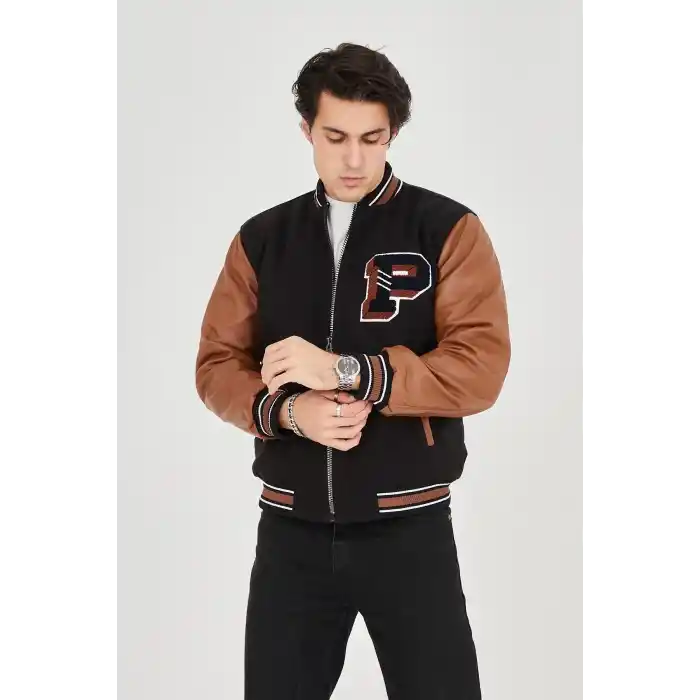 Erkek İçten Elyaf ve Astarlı Kolları Suni Deri Ceket - Kahverengi