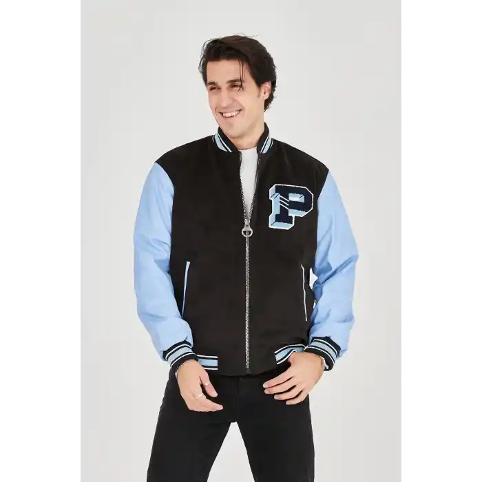 Erkek İçten Elyaf ve Astarlı Kolları Suni Deri Ceket - Mavi