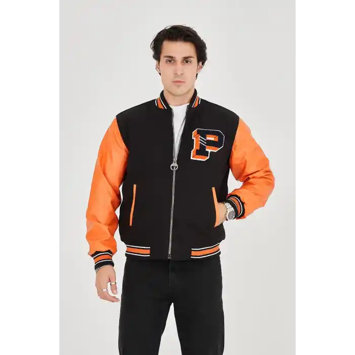 Erkek İçten Elyaf ve Astarlı Kolları Suni Deri Ceket - Turuncu