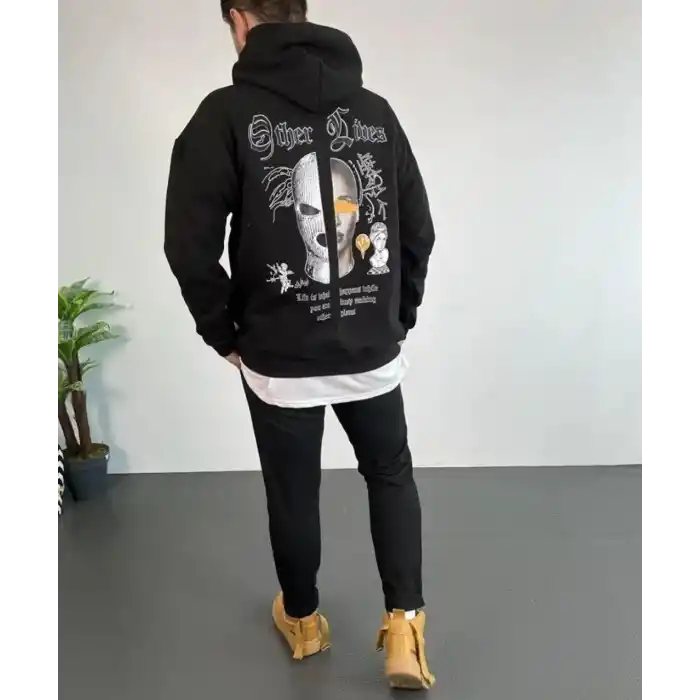Erkek Kapşonlu Sweatshirt – Oversize Üç İplik Şardonlu Hoodie, “Other Lives” Ön & Arka Baskılı, Kanguru Cepli, Kışlık Rahat Günlük Stil - Siyah