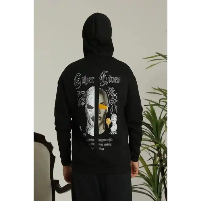 Erkek Kapşonlu Sweatshirt – Oversize Üç İplik Şardonlu Hoodie, “Other Lives” Ön & Arka Baskılı, Kanguru Cepli, Kışlık Rahat Günlük Stil - Siyah