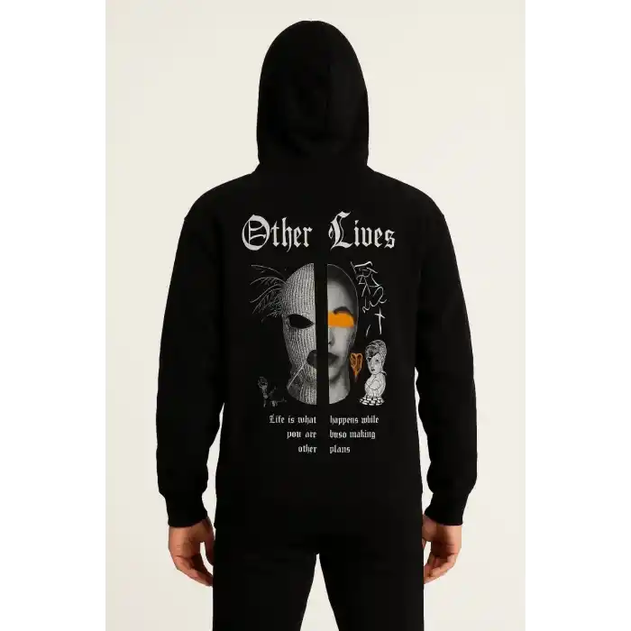 Erkek Kapşonlu Sweatshirt – Oversize Üç İplik Şardonlu Hoodie, “Other Lives” Ön & Arka Baskılı, Kanguru Cepli, Kışlık Rahat Günlük Stil - Siyah