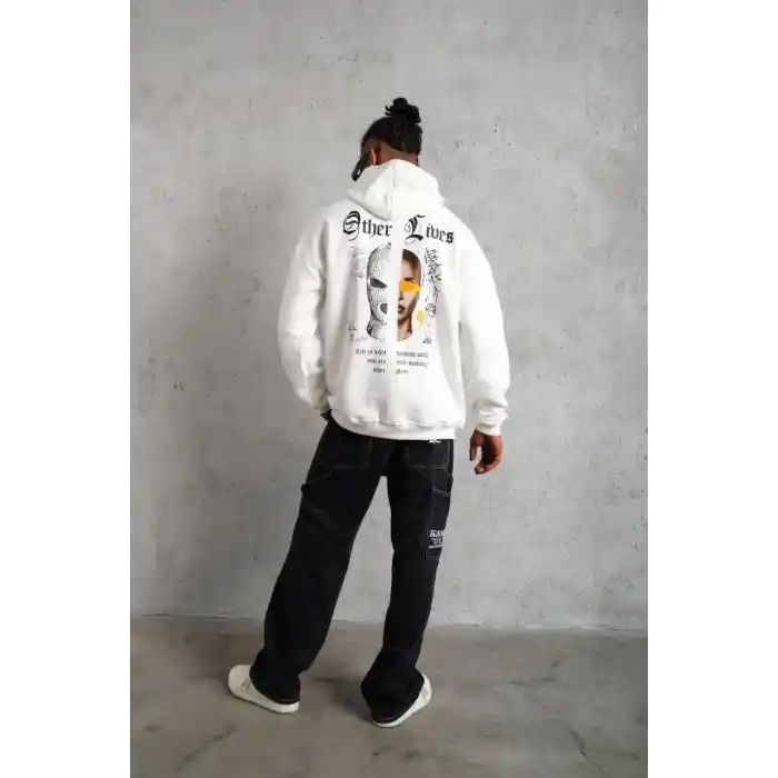 Erkek Kapşonlu Sweatshirt – Oversize Üç İplik Şardonlu Hoodie, “Other Lives” Ön & Arka Baskılı, Kanguru Cepli, Kışlık Rahat Günlük Stil - Beyaz