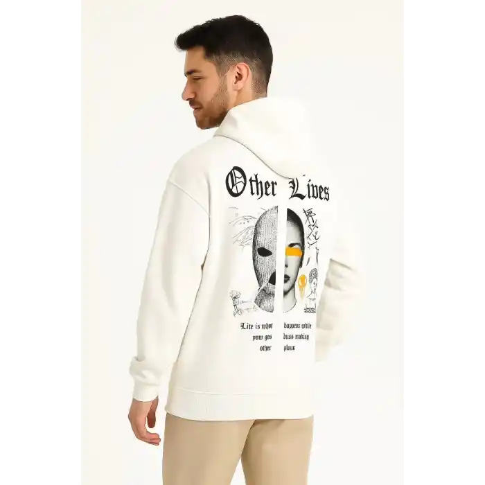 Erkek Kapşonlu Sweatshirt – Oversize Üç İplik Şardonlu Hoodie, “Other Lives” Ön & Arka Baskılı, Kanguru Cepli, Kışlık Rahat Günlük Stil - Beyaz