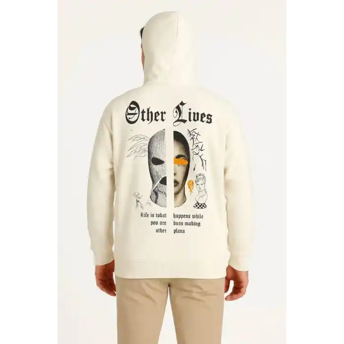Erkek Kapşonlu Sweatshirt – Oversize Üç İplik Şardonlu Hoodie, “Other Lives” Ön & Arka Baskılı, Kanguru Cepli, Kışlık Rahat Günlük Stil - Beyaz