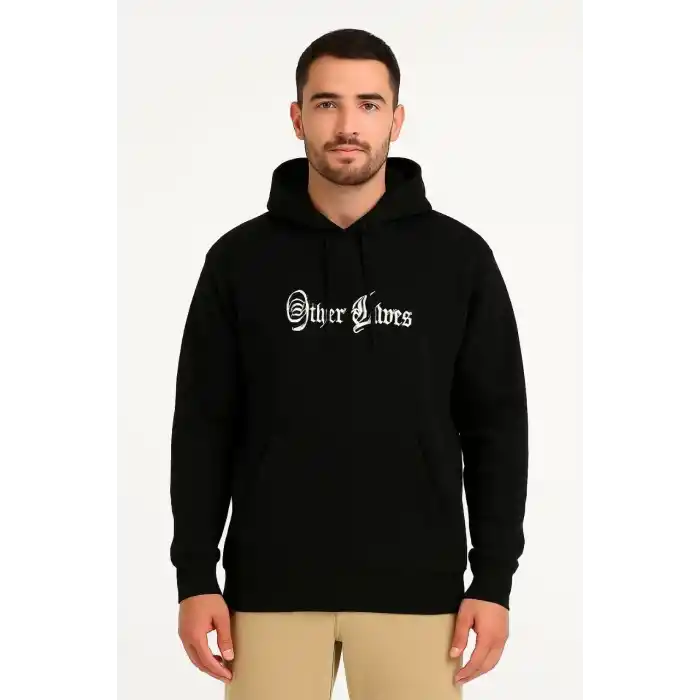 Erkek Kapşonlu Sweatshirt – Oversize Üç İplik Şardonlu Hoodie, “Other Lives” Ön & Arka Baskılı, Kanguru Cepli, Kışlık Rahat Günlük Stil - Siyah