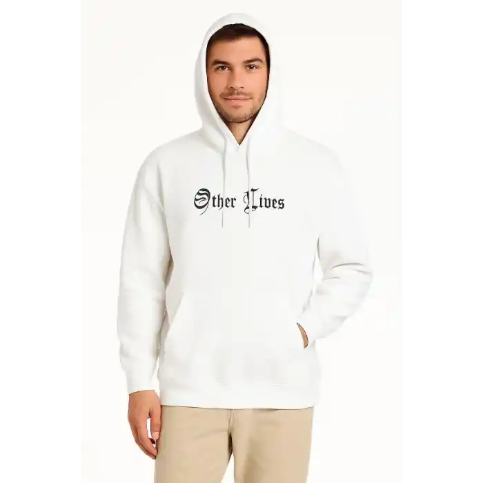 Erkek Kapşonlu Sweatshirt – Oversize Üç İplik Şardonlu Hoodie, “Other Lives” Ön & Arka Baskılı, Kanguru Cepli, Kışlık Rahat Günlük Stil - Beyaz