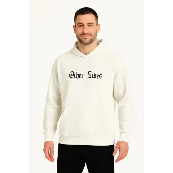 Erkek Kapşonlu Sweatshirt – Oversize Üç İplik Şardonlu Hoodie, “Other Lives” Ön & Arka Baskılı, Kanguru Cepli, Kışlık Rahat Günlük Stil - Beyaz