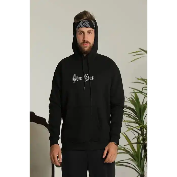 Erkek Kapşonlu Sweatshirt – Oversize Üç İplik Şardonlu Hoodie, “Other Lives” Ön & Arka Baskılı, Kanguru Cepli, Kışlık Rahat Günlük Stil - Siyah