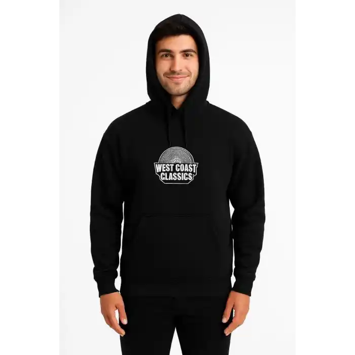 Erkek Kapşonlu Sweatshirt – Oversize Üç İplik Şardonlu Hoodie, “West Coast Classics” Ön & Arka Baskılı, Kanguru Cepli Kışlık Günlük Stil - Siyah