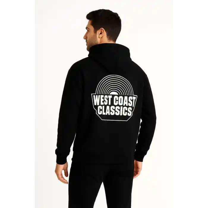Erkek Kapşonlu Sweatshirt – Oversize Üç İplik Şardonlu Hoodie, “West Coast Classics” Ön & Arka Baskılı, Kanguru Cepli Kışlık Günlük Stil - Siyah