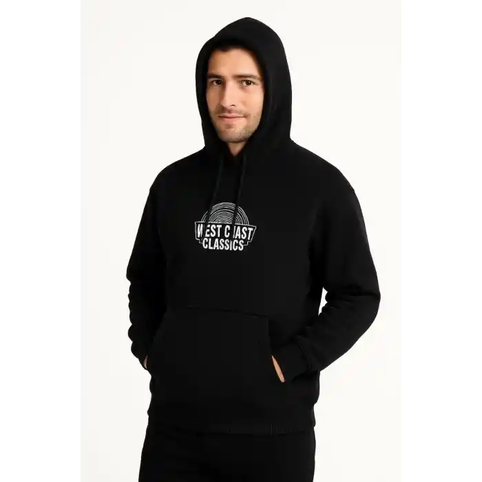 Erkek Kapşonlu Sweatshirt – Oversize Üç İplik Şardonlu Hoodie, “West Coast Classics” Ön & Arka Baskılı, Kanguru Cepli Kışlık Günlük Stil - Siyah