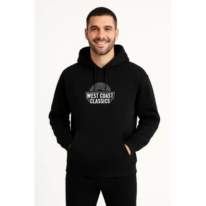 Erkek Kapşonlu Sweatshirt – Oversize Üç İplik Şardonlu Hoodie, “West Coast Classics” Ön & Arka Baskılı, Kanguru Cepli Kışlık Günlük Stil - Siyah