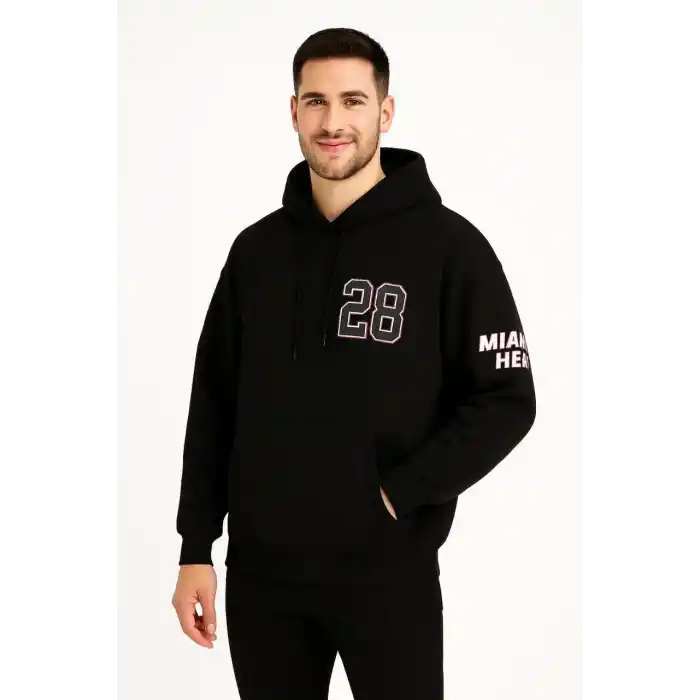 Erkek Kapşonlu Sweatshirt – Üç İplik Şardonlu Kumaş, Oversize Fit, Ön & Arka Baskılı, Kanguru Cepli, Kışlık Rahat Hoodie - Siyah